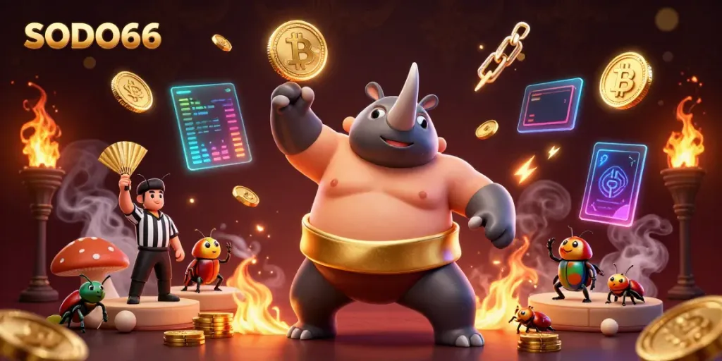 Witness the SODO66 sumo beetle champion unleashing winning coins in an electrifying casino scene.