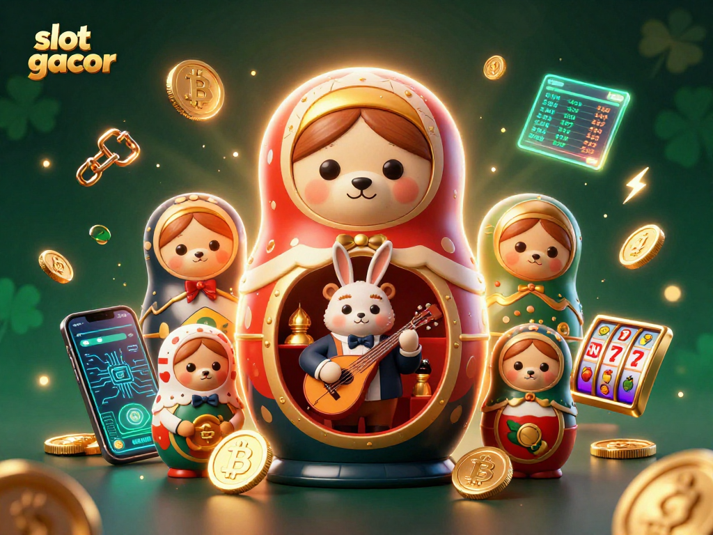 Slot gacor dengan beruang Matryoshka, kelinci, dan elemen kasino dalam ilustrasi 3D yang menarik.