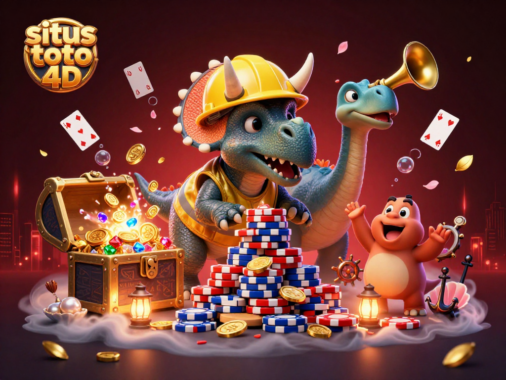 Engage with situs toto 4d imagery featuring dynamic cartoon dinosaurs celebrating a digital gaming win.