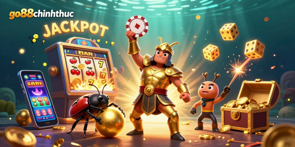 Experience the excitement of go88chinhthuc with a jackpot-winning scene featuring vibrant cartoon beetles and casino elements.