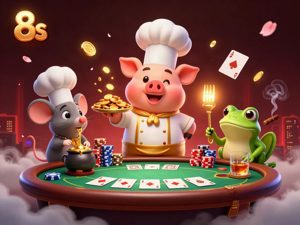 Chef pig serves gold coins at a poker table in a vibrant 8s casino scene.