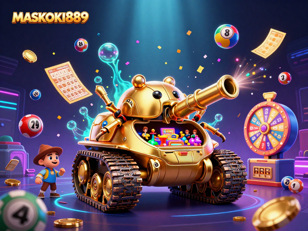 Engage with MASKOKI889 as colorful lottery balls bounce amidst a vibrant 3D casino experience.