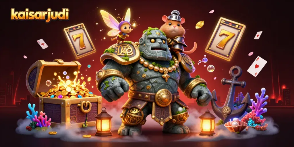 Kaisarjudi captures thrilling casino action with a golem guardian and enchanted characters among slot reels.