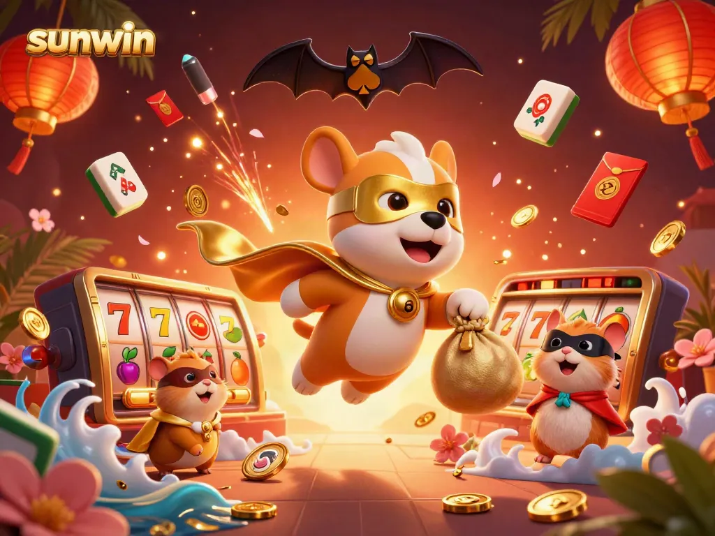 Experience the thrill of sunwin slots with a superhero dog and hamster amidst vivid gaming elements.