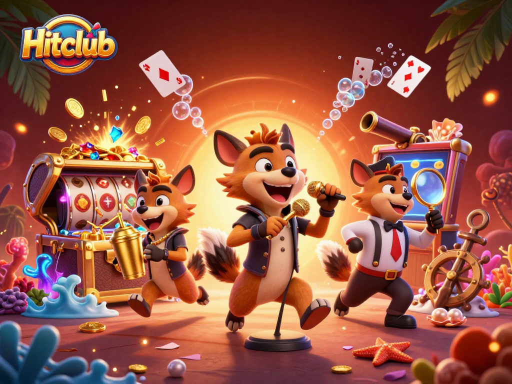 Hitclub showcases a vibrant casino scene with hyenas, slot reels, and gold treasures.