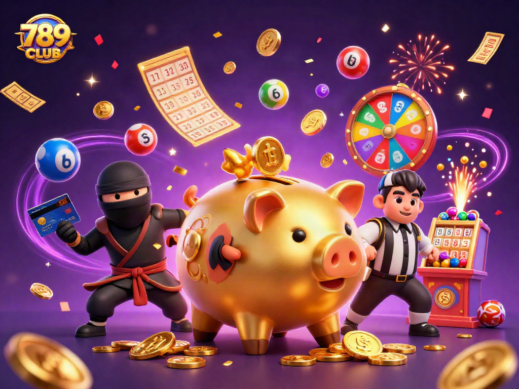 789CLUB features dynamic gaming action with vibrant characters and elements celebrating casino wins.