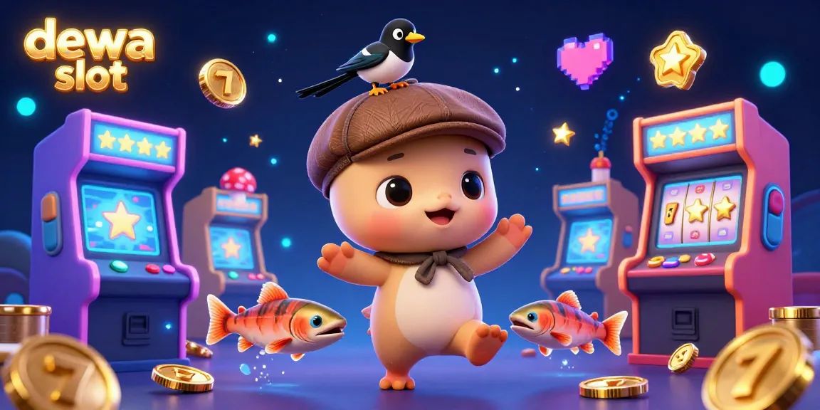 Engage with dewa slot games featuring vibrant characters and exciting gaming elements in a playful 3D illustration.