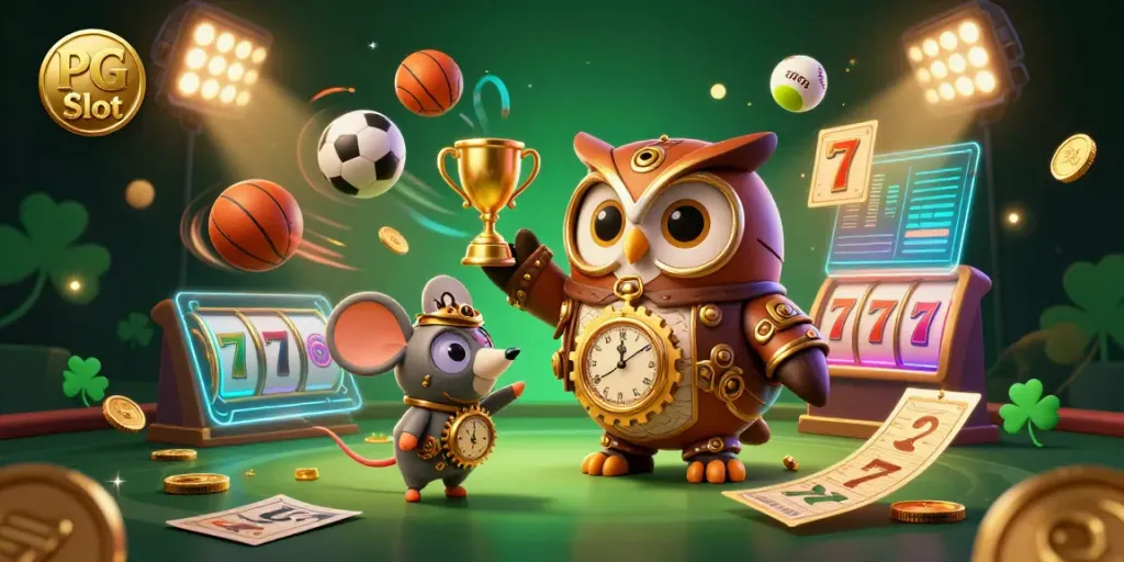 Permainan slot PG Slot yang interaktif oleh karakter burung hantu ceria dalam suasana kasino futuristik.