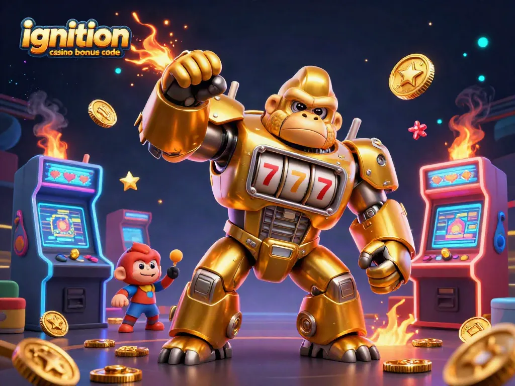 Ignition casino bonus code showcased in a captivating 3D illustration of a gorilla mech in a casino setting.
