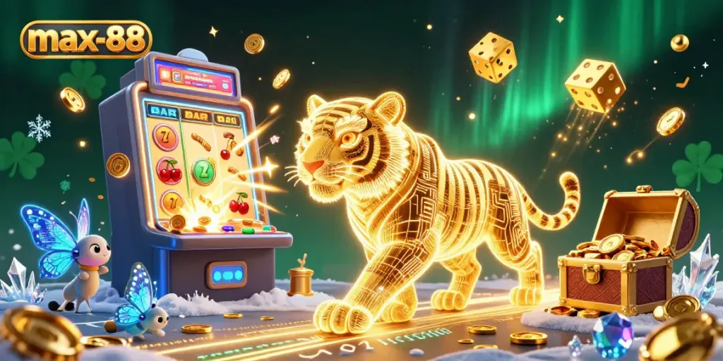 Witness thrilling action at max-88 with a neon tiger prowling a vibrant casino, bursting with slot jackpots.