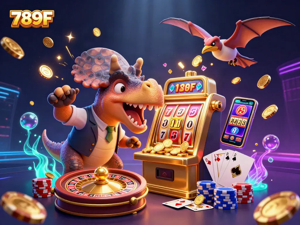Experience the excitement of 789F as a cartoon dinosaur interacts with a golden slot machine and winning coins fly everywhere.