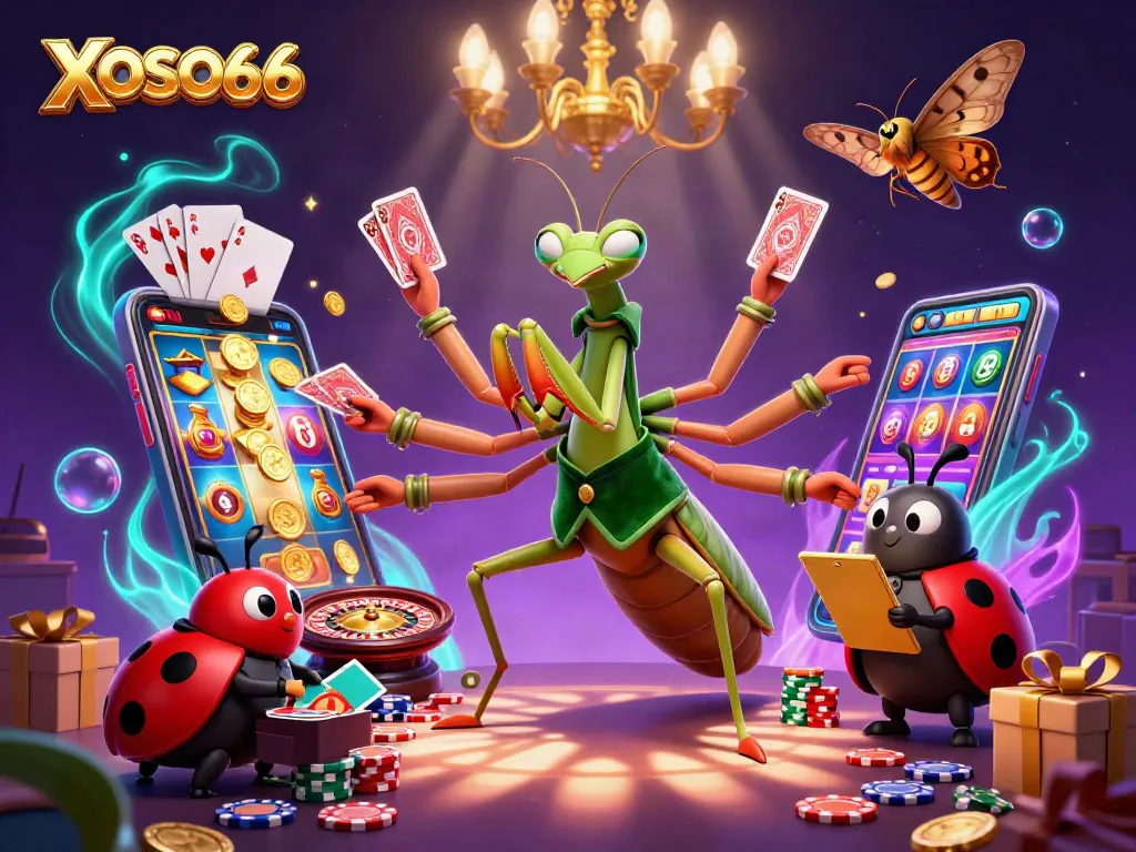 XOSO66 showcases a vibrant 3D illustration of a giant mantis card sharp amidst casino excitement and dynamic gaming elements.