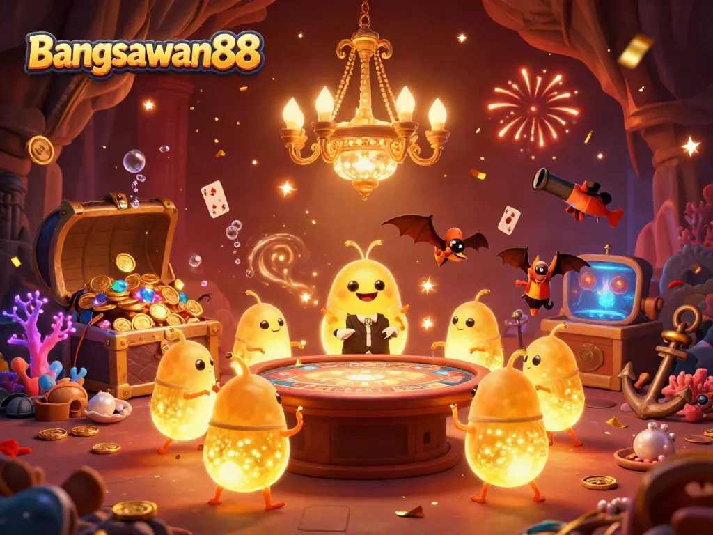 Experience the excitement of Bangsawan88 as glowing worms illuminate a vibrant cave casino filled with treasures.