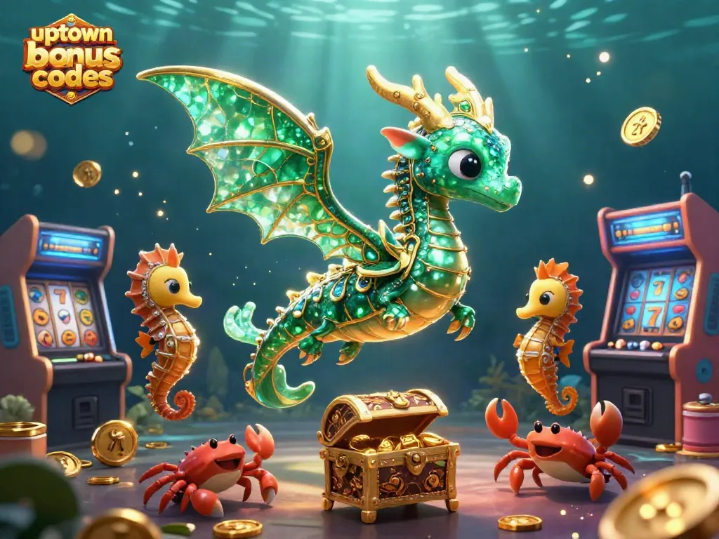 Engage with uptown aces bonus codes featuring a vibrant scene of a sea dragon, slot reels, and golden coins.