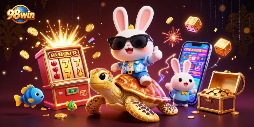 Experience the thrill of winning at 98win with an exciting animated casino illustration.