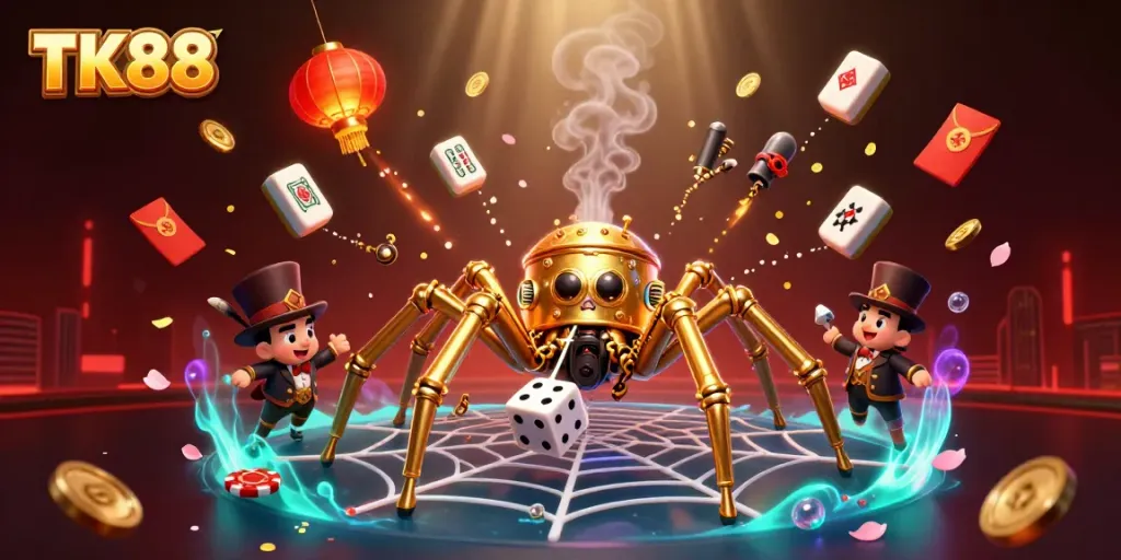 Experience thrilling gameplay at TK88 with a steampunk theme featuring a golden spider and dice.