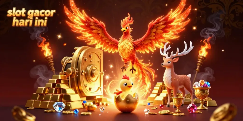 Experience slot gacor hari ini with vibrant gaming elements, a phoenix, and gold treasures in a dynamic scene.