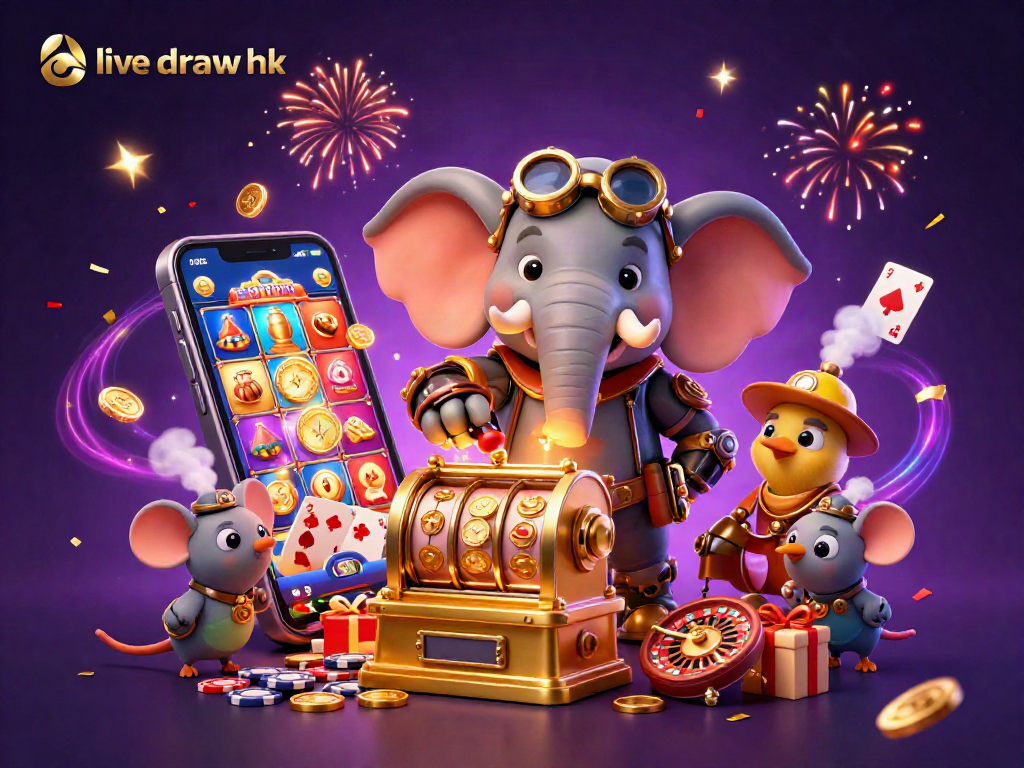 Spin the golden slot machine with a cheerful steampunk elephant at live draw hk, amidst a burst of colors and casino symbols.