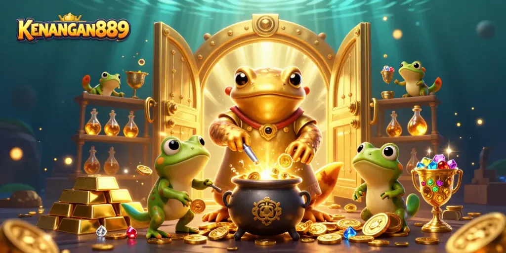 Spin and win with KENANGAN889 in this vibrant casino scene filled with treasures and gold!