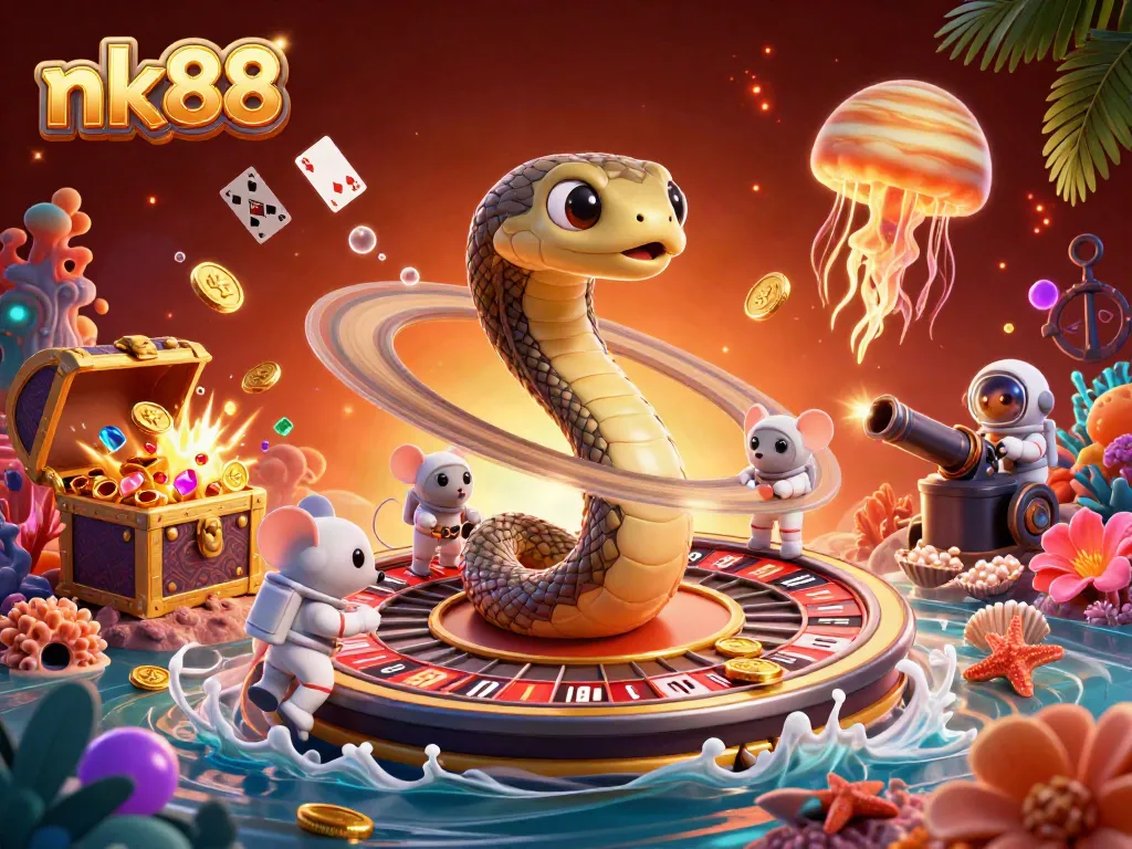 Engage in thrilling gameplay at nk88, featuring a roulette-wheel snake and astronaut mice betting on a cosmic stage.