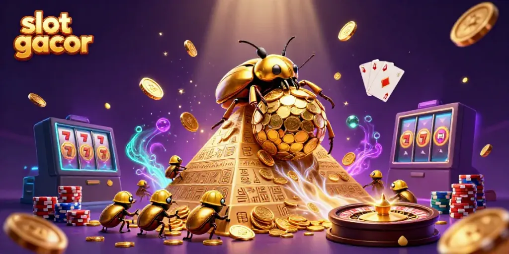 Engage in slot gacor gameplay with a dynamic scene featuring a giant golden dung beetle and casino symbols.