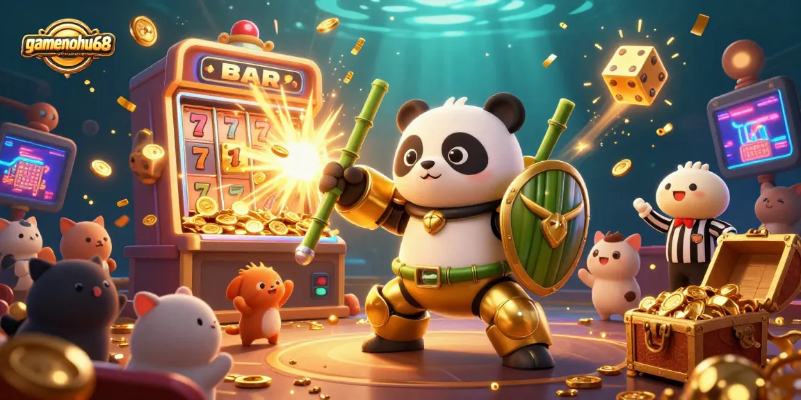 Experience gamenohu68 action with a dynamic 3D panda in a lively casino scene filled with excitement.