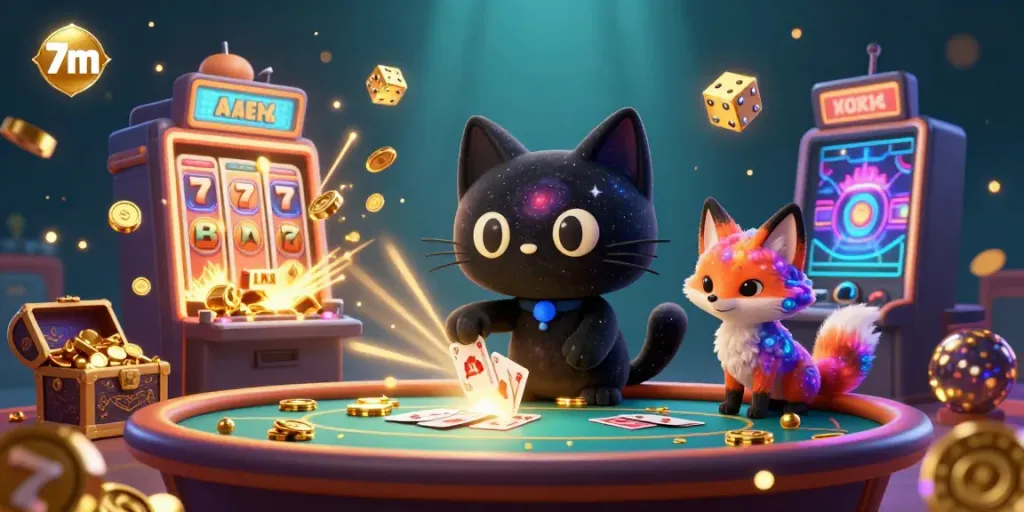 Bet on 7m at a cosmic casino with a black hole cat and colorful nebula fox, surrounded by gold coins.