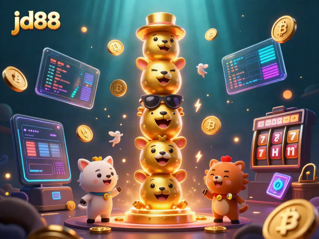 Engage with JD88's vibrant slots and gaming experience through a dynamic 3D illustration.
