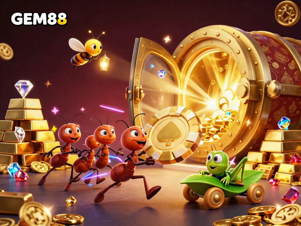Experience the excitement at GEM88 with a vibrant 3D scene featuring cartoon ants in a casino heist.