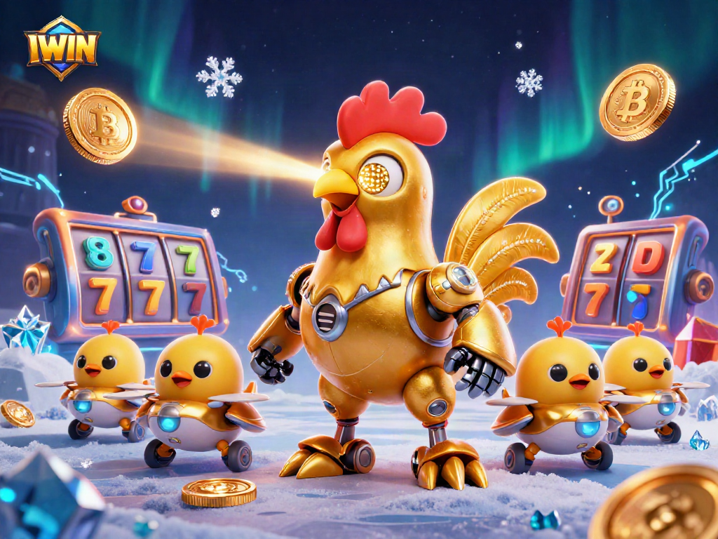 Experience the vibrant world of IWIN with golden rooster robot and slot reels showcasing thrilling gaming elements.