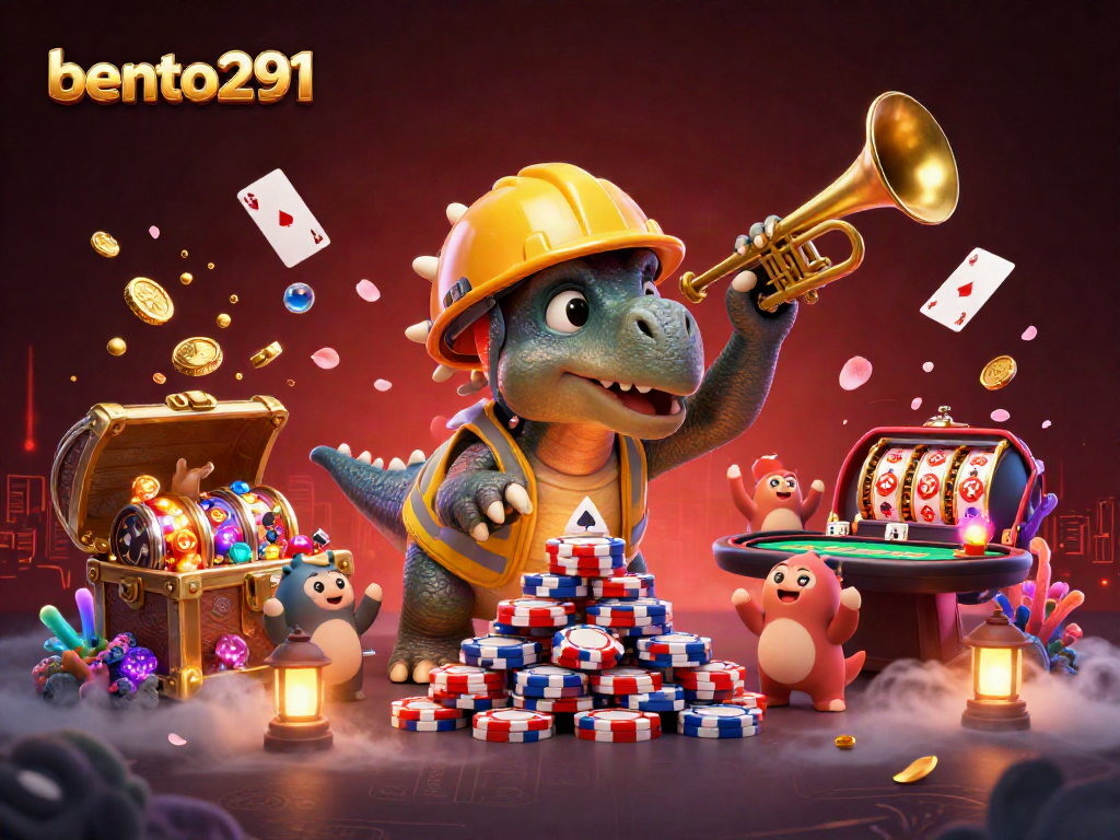 Bento291 showcases a triceratops constructing poker chips with casino elements cheering in an energetic scene.