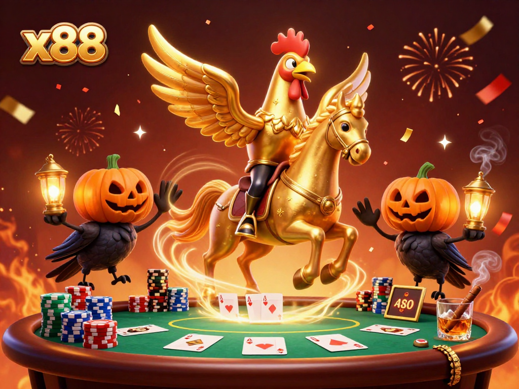 Experience thrilling moments at x88 casino with a vibrant illustration featuring a golden rooster.