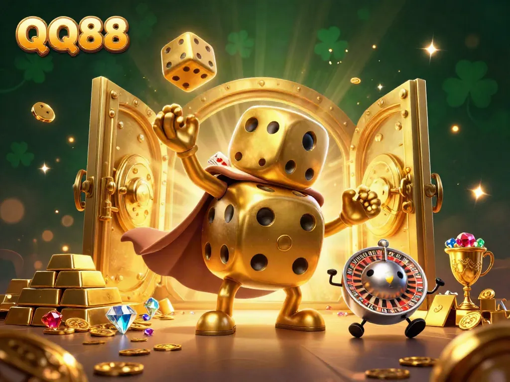 Experience QQ88 with a lively 3D illustration showcasing a golden dice golem and vibrant casino elements.