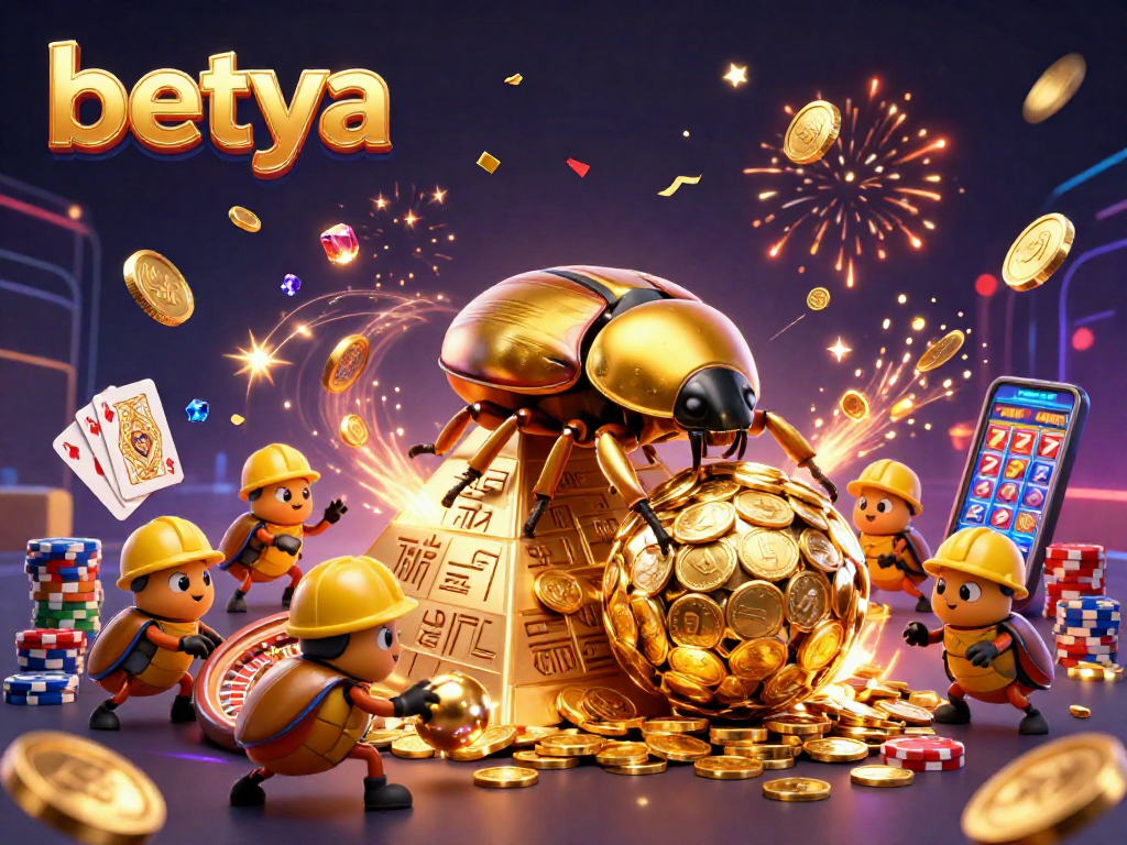 Experience top-notch gaming with betya's golden beetle illustration, showcasing casino excitement and vivid characters.