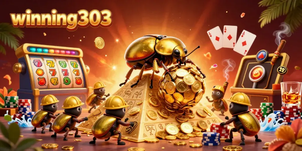 Experience winning303 with an animated scene of golden beetles and casino elements showcasing excitement and gameplay.