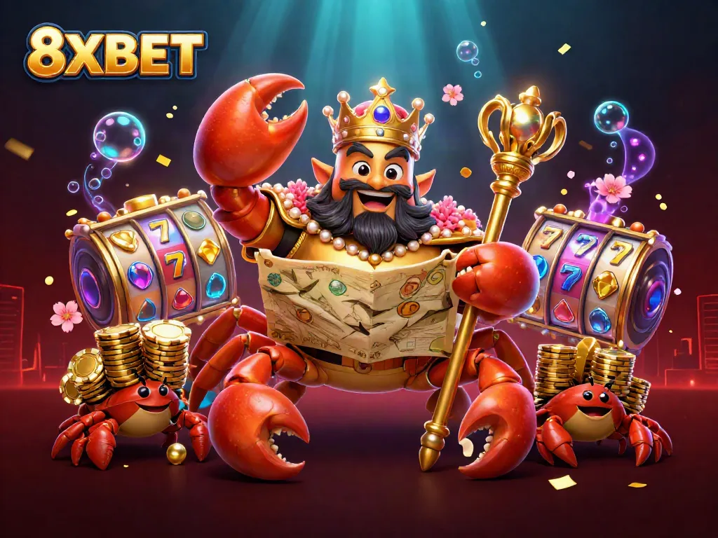 8XBET showcases a vibrant 3D scene featuring a golden crab emperor amidst slot reels and treasures in an exciting casino atmosphere.