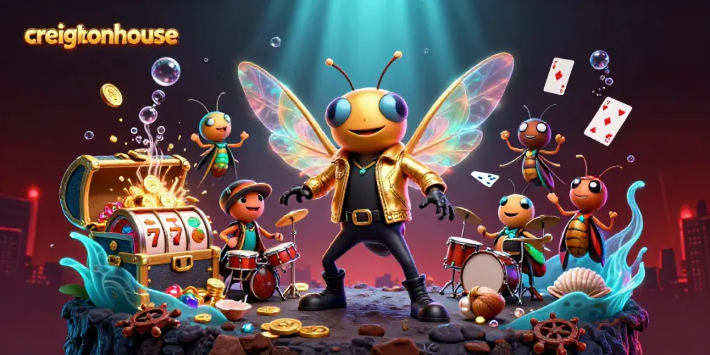 Experience the vibrant atmosphere of Creightonhouse with a 3D illustration featuring a cicada rock star and casino elements.