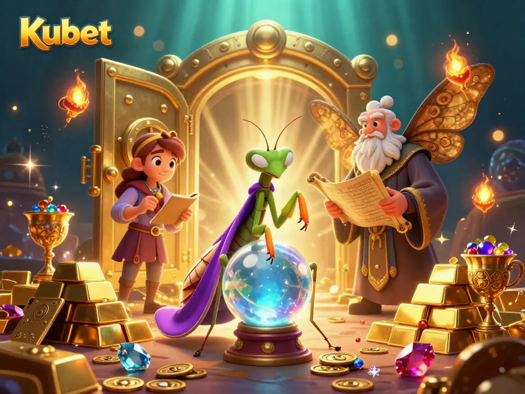 Kubet gamblers reveling in a vibrant, mystical casino setting with treasure and fortune-bearing elements