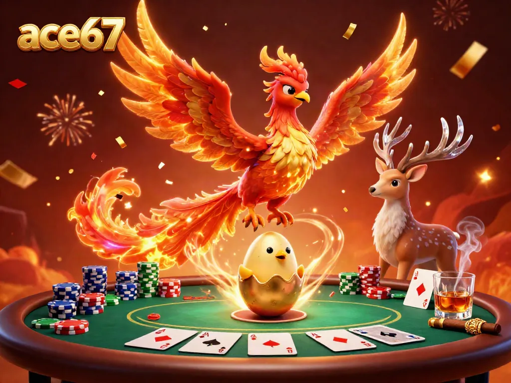Engage with ace67's vibrant poker scene featuring a soaring phoenix, hatching chick, and mystical stag