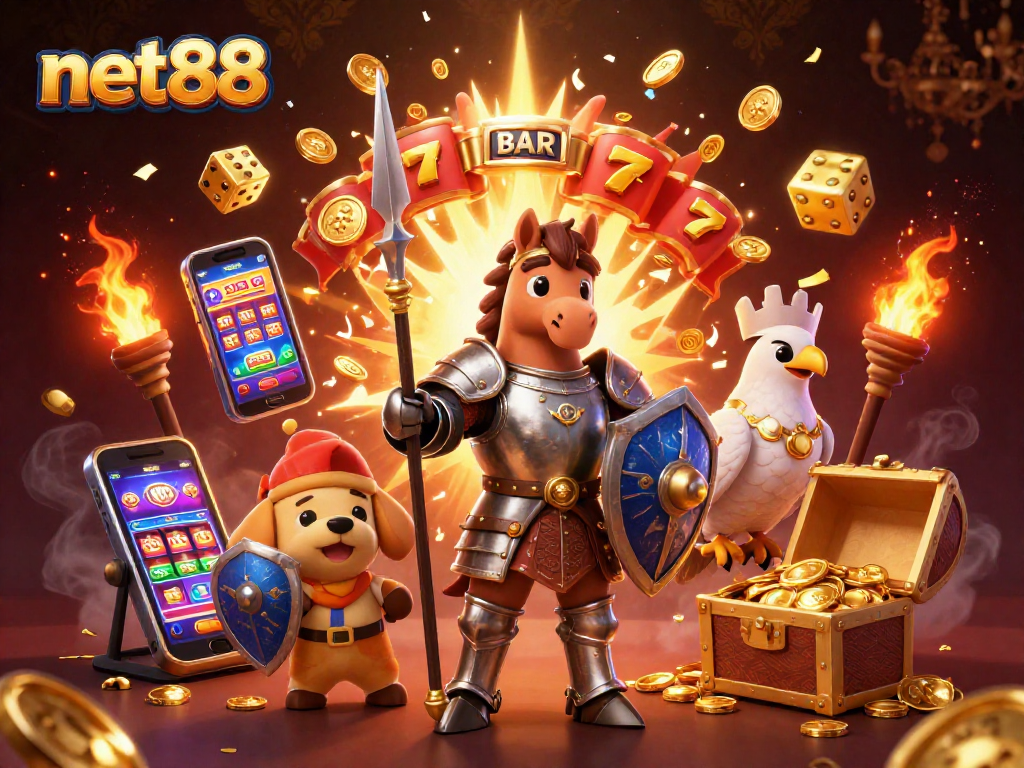 Spin the reels at net88 with a knight and squire amidst a jackpot explosion and vibrant casino elements.