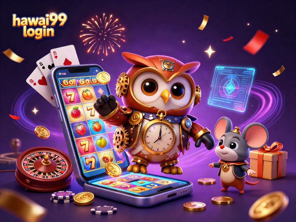 Experience hawai99 login with vibrant casino-themed visuals in a 3D digital art scene.