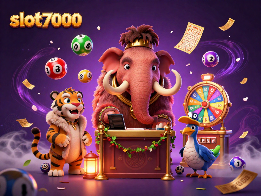 Experience the excitement of slot7000 with vibrant lottery balls, a casino bouncer, and a VIP saber-tooth guest.