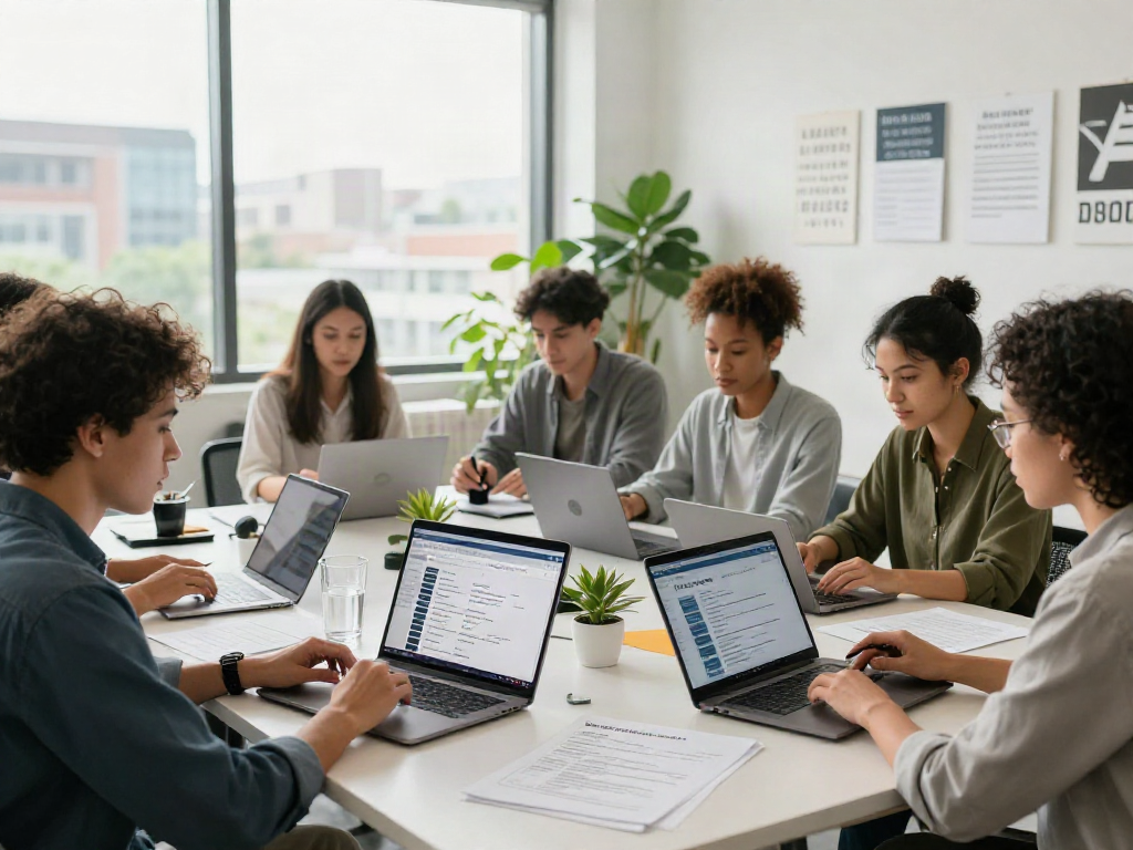 Dynamic job search environment showcasing collaboration in หางาน efforts with diverse individuals sharing resumes and resources.