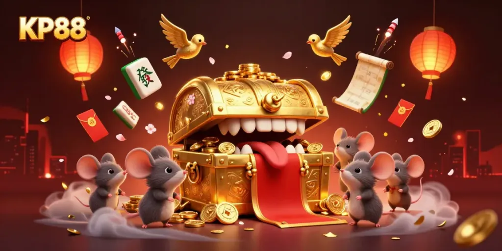 Experience riches at KP88 with a thrilling treasure chest and golden elements amidst vibrant casino excitement.