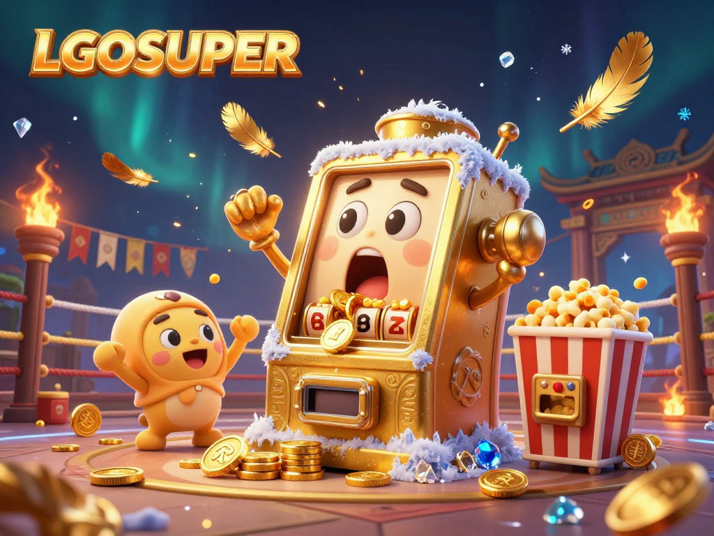 Engage with LGOSUPER's vibrant slots experience, featuring golden slot machine characters and dynamic casino elements.