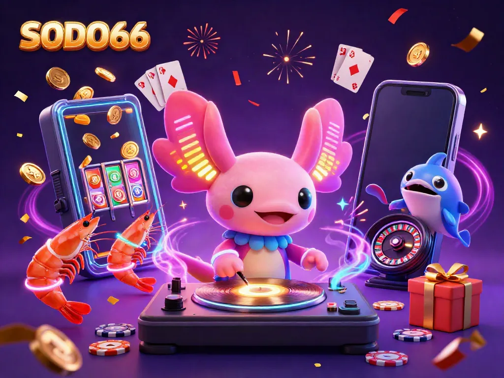 SODO66 brings excitement with a vibrant casino scene featuring an axolotl DJ and engaging game elements.