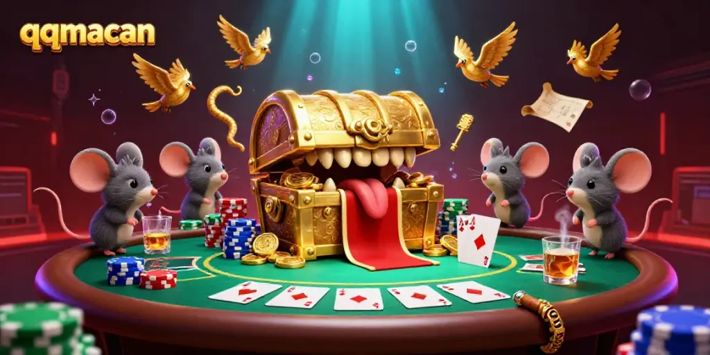 Engage with qqmacan's thrilling world of adventure featuring a golden treasure chest and poker elements.