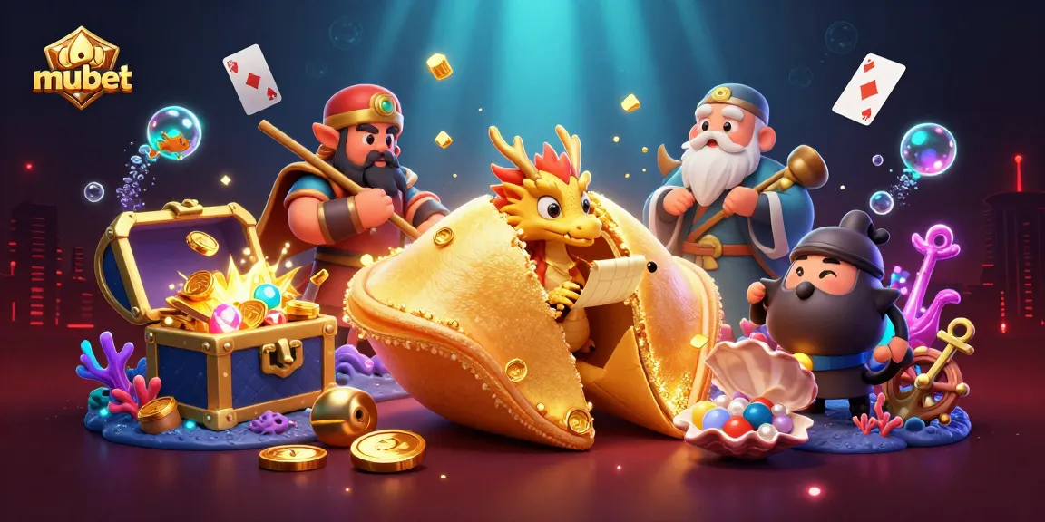 Spin the reels of luck with mubet, illustrated golden fortune cookie and dragon amid gaming treasures.