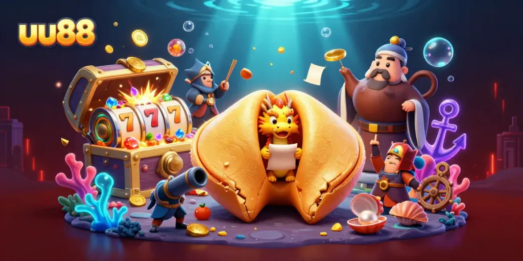 Engage in thrilling casino action at uu88 with a glorious golden fortune cookie and vibrant game elements.