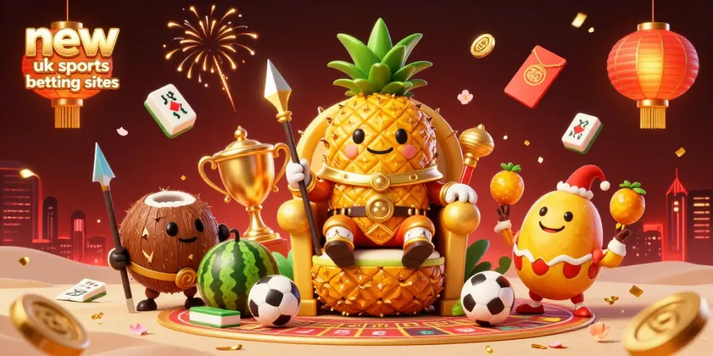 Experience vibrant excitement at new uk sports betting sites with our illustrated scene featuring a pineapple king and casino elements.